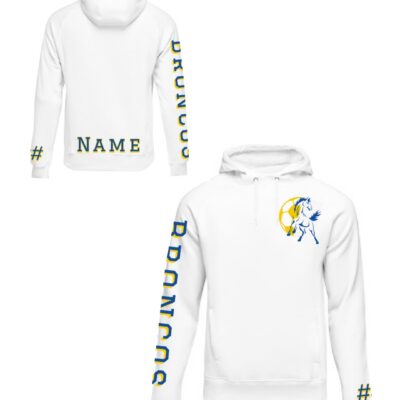 SJH Bronco White Hoodie with bronco on the left chest and Bronco down the right sleeve.