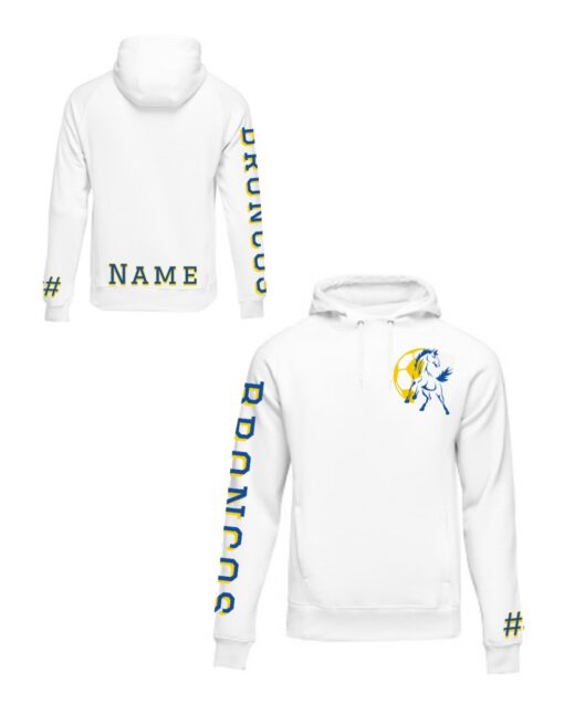 SJH Bronco White Hoodie with bronco on the left chest and Bronco down the right sleeve.