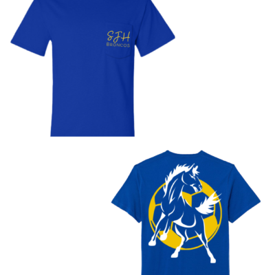 SJH Soccer Fundraiser T-Shirts | Blue Shits with a yellow soccer ball and white bronco on the back.