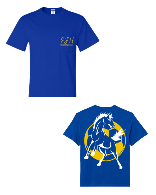 SJH Soccer Fundraiser T-Shirts | Blue Shits with a yellow soccer ball and white bronco on the back.